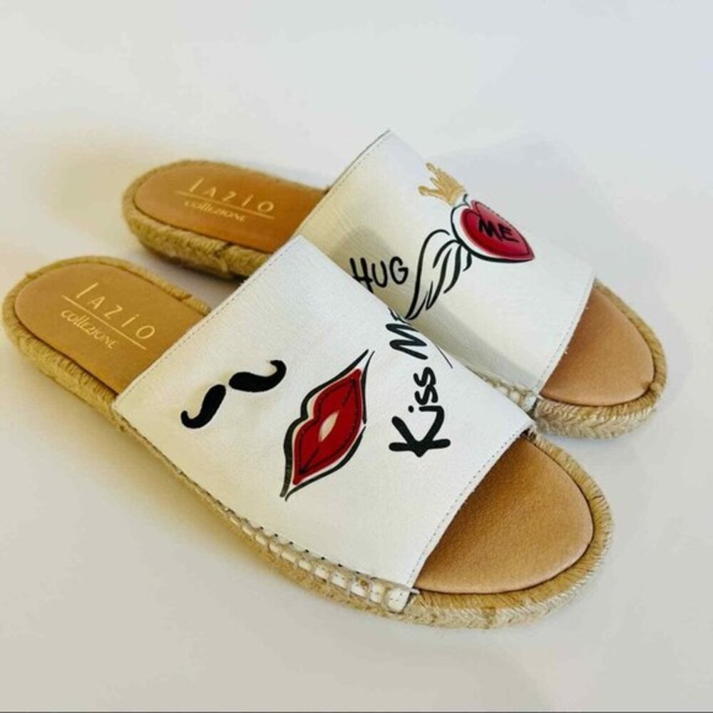 Lazio Collezione Women's Espadrille White Leather Sandals Size 10 Kiss me Hug Me